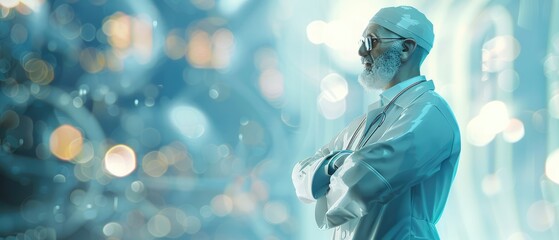 Portrait of a male doctor with his arms folded on his chest against a blurred background. medicine concept