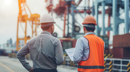 Rear view of two male engineers discussing project at industrial construction site with cargo cranes
