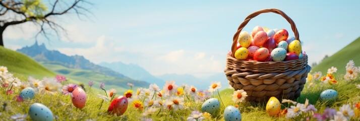 Wicker basket with Easter eggs in the grass against the blue sky, space for text. Banner design