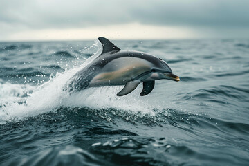 Fototapeta premium Dolphins gracefully jump on the surface of the ocean.