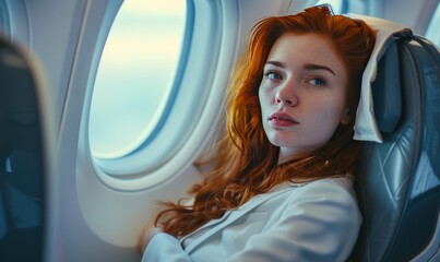 Fototapeta premium Beautiful young woman in airplane business class generated AI