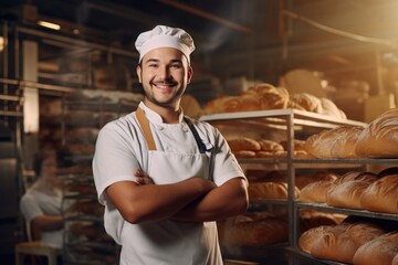 Portrait of a male baker in a bakery with bread and oven in the background.bread production