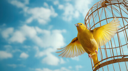 Closeup bird flying out from the cage against blue sky with space for copy