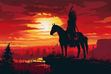 Tuinposter Silhouette of Indian chief of horseback  © Bilal