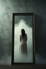 Young woman wearing a white dress. Woman reflection in the mirror.  Back view of a woman standing inside mirror. Spooky horror atmosphere. - 745854551