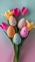 Obraz na płótnie Canvas A delicate bouquet of tulips with pastel-colored Easter eggs signifies new beginnings and springtime