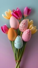 Fototapeta na wymiar Soft pastel Easter eggs lie within a fresh tulip bouquet, invoking a sense of calm and renewal