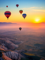 various hat air ballons over barren landscape as sunrise or sunset. hot air balloon at sunrise