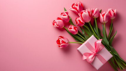 Pink Tulips with Gift Box on Pink Background Celebration Concept