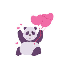 Cute happy panda bear sitting and holding heart shaped balloons