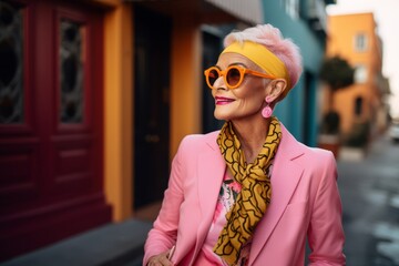 Fashionable senior woman with pink hair and sunglasses on the street.