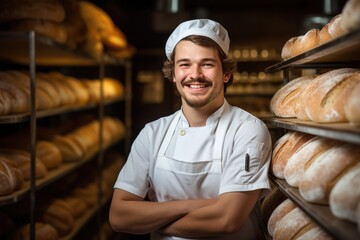 Portrait of a male baker in a bakery with bread and oven in the background.bread production - Powered by Adobe