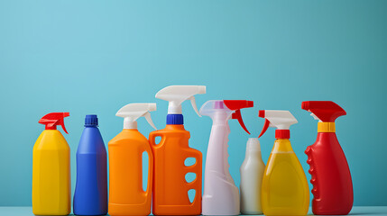 Colorful Cleaning Spray Bottles on Blue Background Household Hygiene Products
