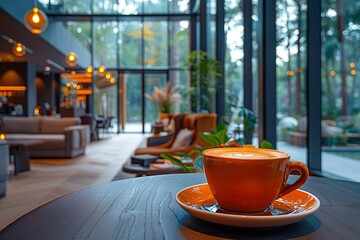 Modern Cafe Interior with Vibrant Orange Coffee Cup in Focus