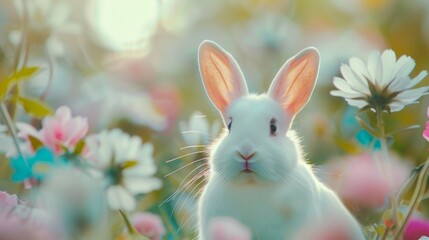 A magical white rabbit bathed in sunlight among a blooming field of spring flowers