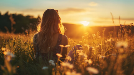 Woman Enjoying the Warmth of a Sunset in a Wildflower Meadow