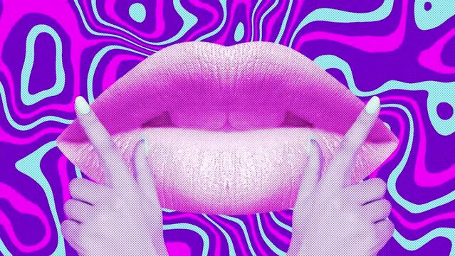 Female hand and lips motion with loops abstrac background. Zine Culture Concept.