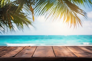 Blank summer vacation background. Horizontal travel banner for promotional products. Wooden tabletop in front, blurry paradise. Panorama