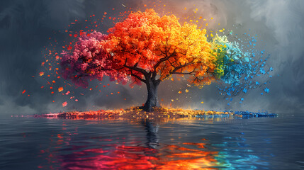 Tree with Multi-Colored Leaves in Clouds Sky and Reflection, Captivating Nature's Palette, Generative AI