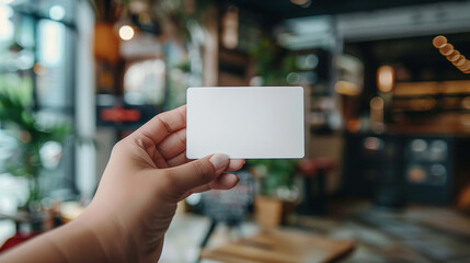 Hand hold blank white card mockup with rounded corners.