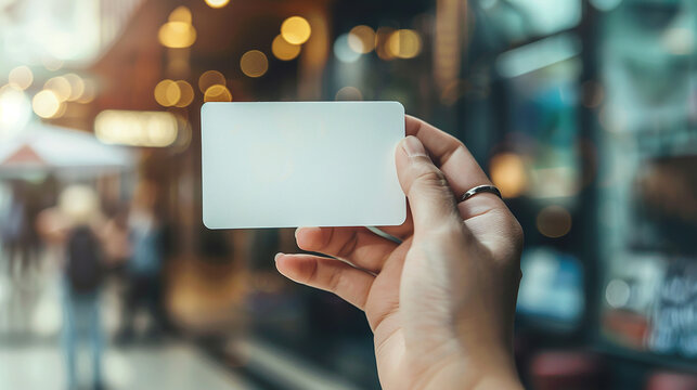 Hand hold blank white card mockup with rounded corners.