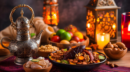 Ornate Teapot with Ramadan Lanterns and Dry Fruits Arrangement