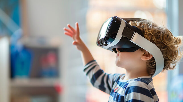 Side view portrait of little boy wearing VR headset