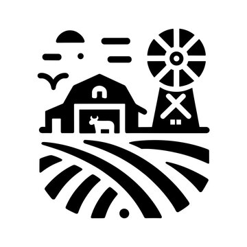 The "Farm Icon" Is A Vector Symbol Encapsulating Agriculture, Depicting An Organic Farm And Fields In Nature, Ready For Harvest – A Symbol Of Rural Productivity.
