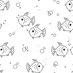 Cute Fish and Bubbles Seamless Black and White Pattern for Kids. Line Art Fishes. Sea Animals Vector illustration.