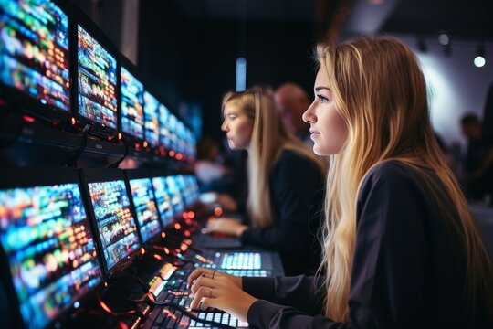 Young beautiful woman operating equipment in television station broadcast control room