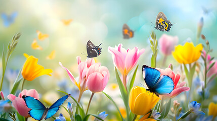 Spring Flowers and Butterflies in a Sunlit Garden