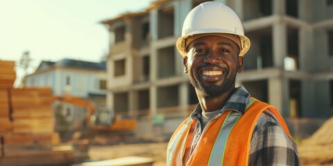 Happy, smiling African-American builder, engineer in a white helmet against the background of a construction site.