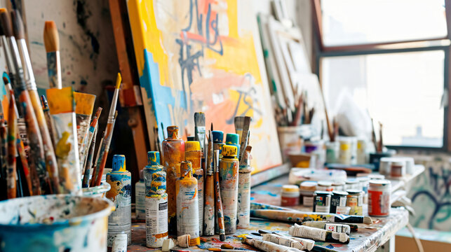 An artist's studio cluttered with paint tubes and brushes.
