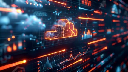 Fototapeta premium Close-up, 3d minimal cloud icon with infographics chart on dark background