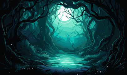 mystical forest with bioluminescent plants vector isolated illustration - obrazy, fototapety, plakaty