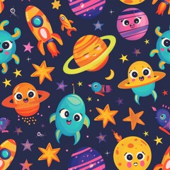 Fototapeta na wymiar Colorful Cartoon Space Pattern for Children 