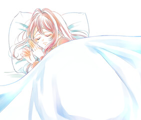 ベッドの中で泣いている女性