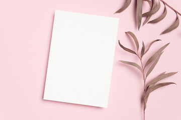Wedding invitation or greeting card mockup, blank mockup with copy space on pink