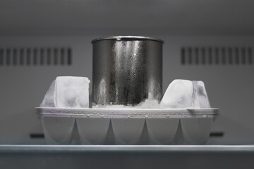 Mug and chunks of ice in the refrigerator. Ice cube in the freezer.