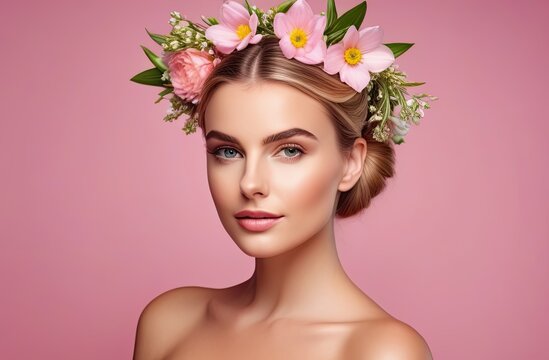 Face of a beautiful girl with makeup and flowers in her hair