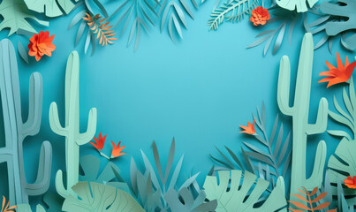 Fototapeta na wymiar cool blue paper cut cactus and tropical leaves border design
