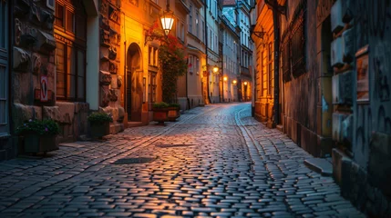 Fotobehang An old cobblestone street in a historic city. © Anthony
