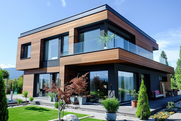View exterior layout of a modern small house facade trim of rectangular boards, many plants - obrazy, fototapety, plakaty