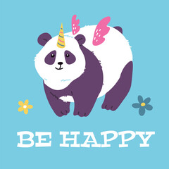 Greeting Birthday card design with cute panda, flat cartoon vector illustration.