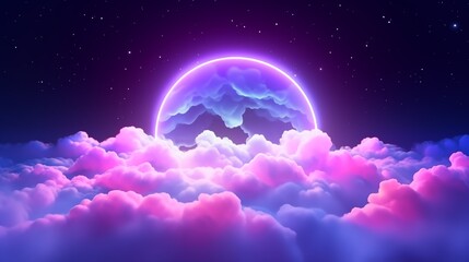 Obraz na płótnie Canvas Glowing cloud background pattern. Sunset or sunrise background. Purple pink decorative horizontal banner. Digital artwork raster bitmap illustration. 
