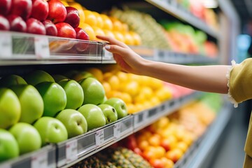 Female hand taking fruit from a shelf in supermarket, choosing healthy fresh fruit