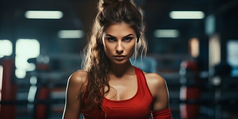 Woman boxer focused on training in active gym session wearing boxing gloves. Concept Boxing Training, Fitness Goals, Active Lifestyle, Women's Empowerment, Gym Sessions