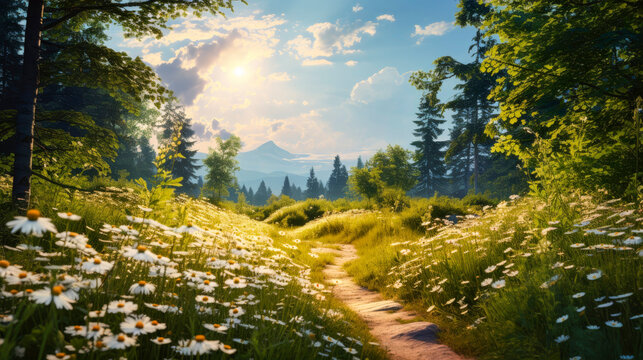 Scenic forest landscape with winding path through a field with green grass and white daisies at sunset. Beautiful natural image of nature. Soft warm light. Copy space