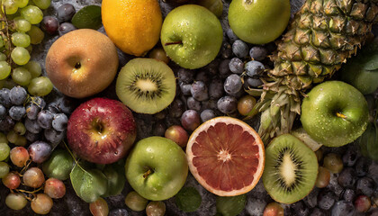  Background fruits, fresh fruits assortment on the table.