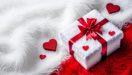 Gift box with red ribbon and hearts on fur background.